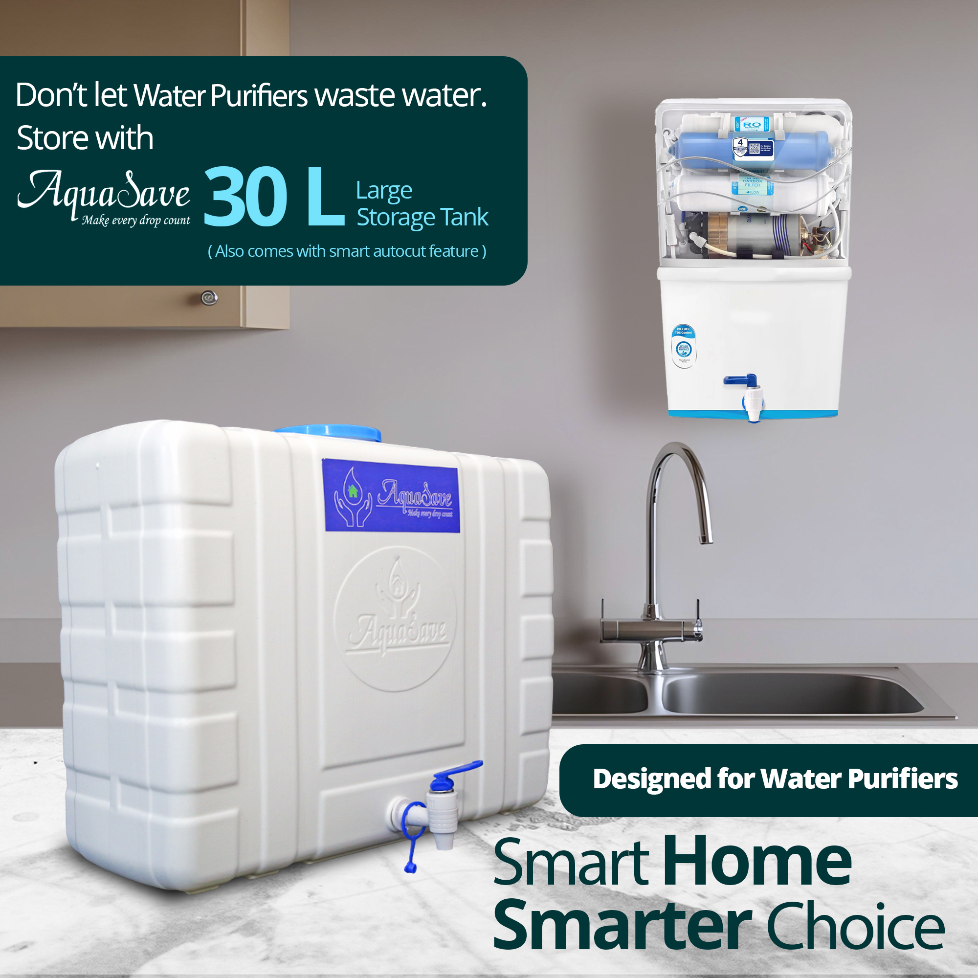 Main Image 30L RO Aquasave 30 Liters RO Waste Water Storage Tank | Without Autocut - Image 1